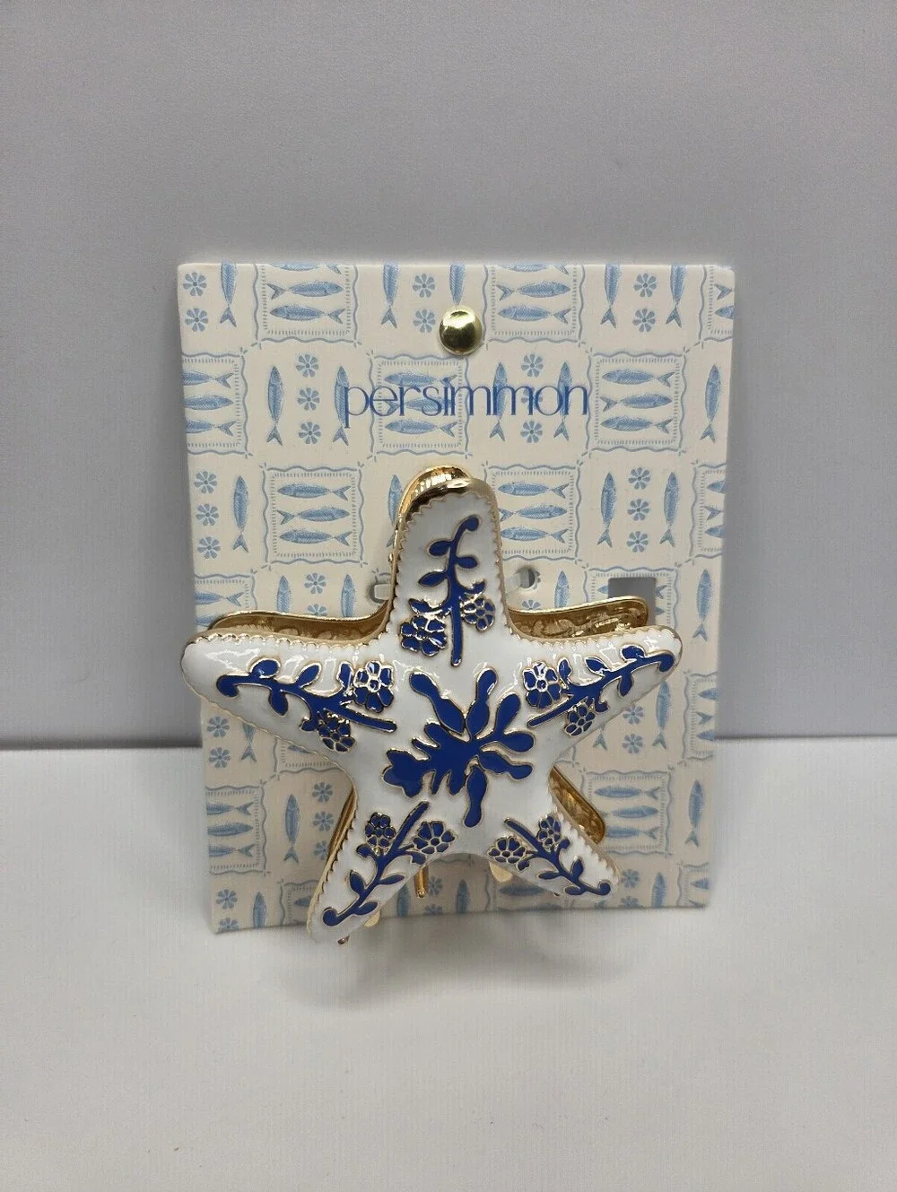 💙▪️Persimmon ▪️White & Blue Starfish Hair Metal Claw Clip with Gold Accents
